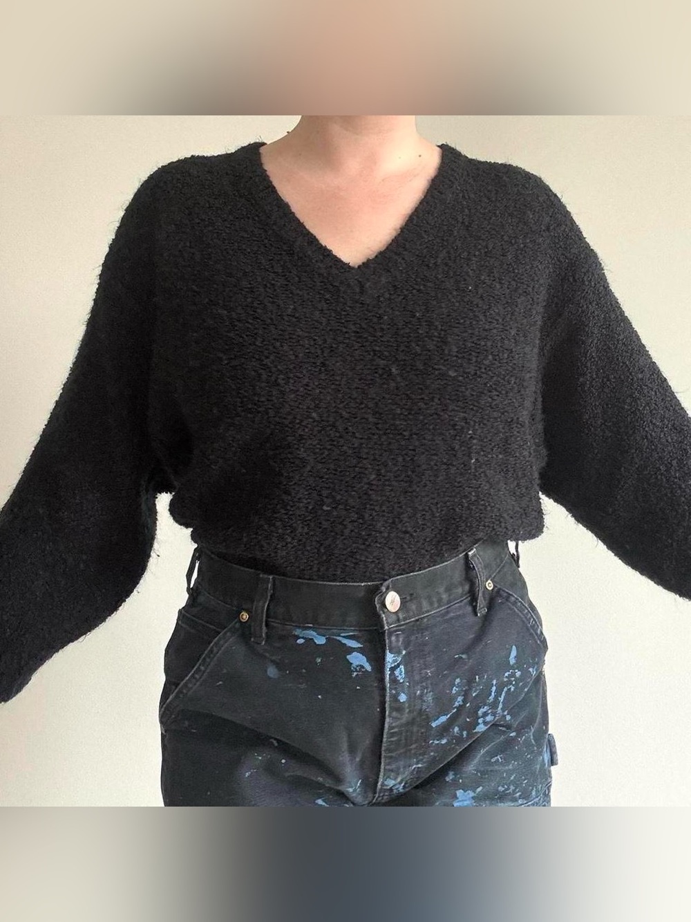 Vintage La Moda black nubbly knit v neck sweater top